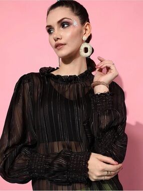 Street9 Black Sheer Metallic Stripe Blouse | Puff Sleeve Top | XXL